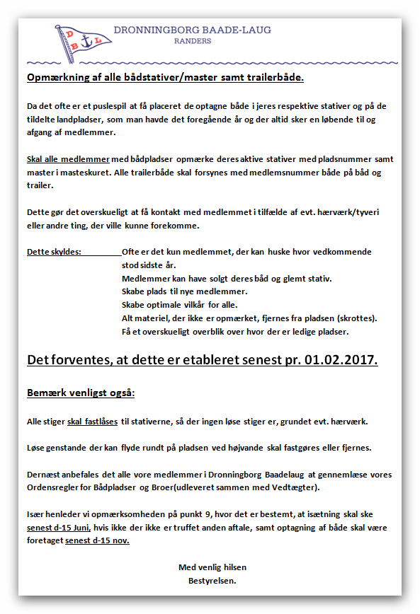 Opmærkning af alle bådstativer/master samt trailerbåde